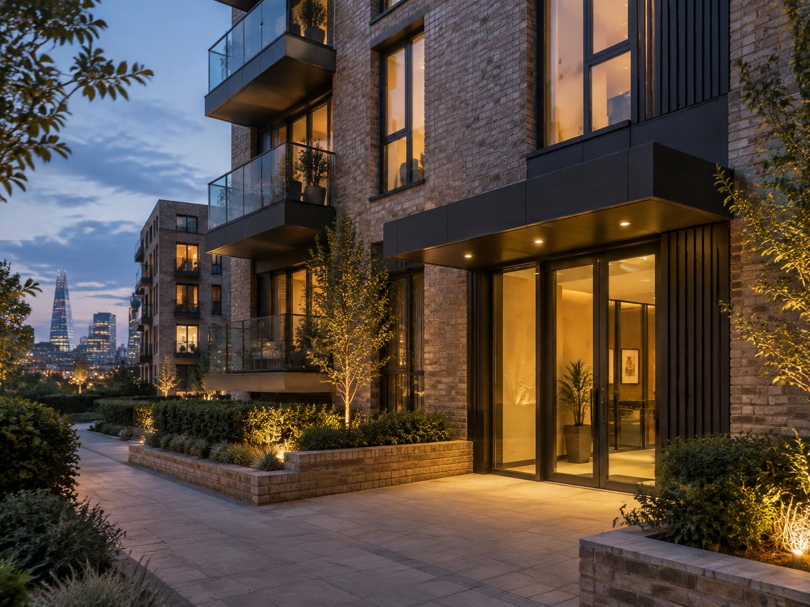 Modern urban residential building with a warmly lit entrance