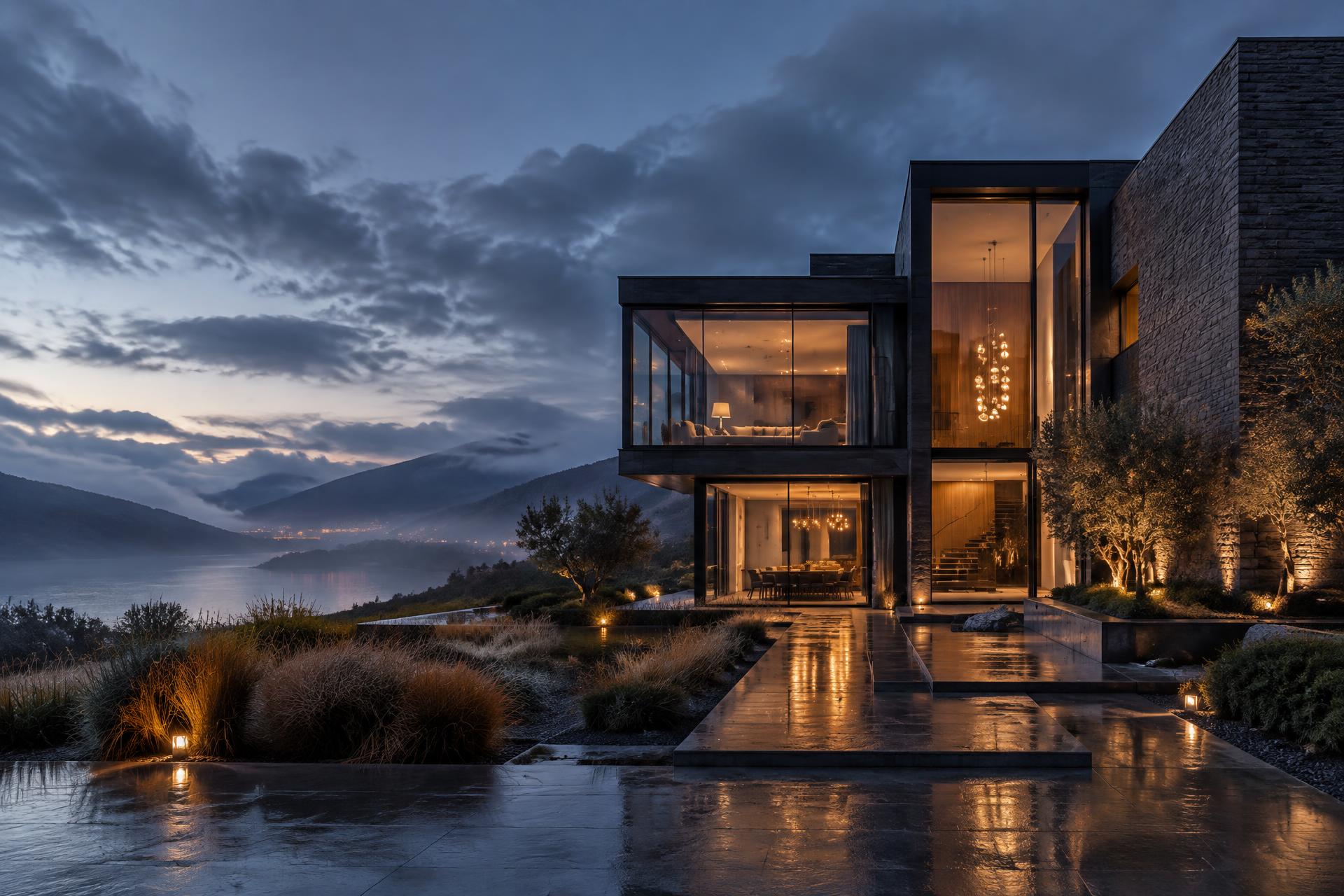 Contemporary residential architecture illuminated at dusk