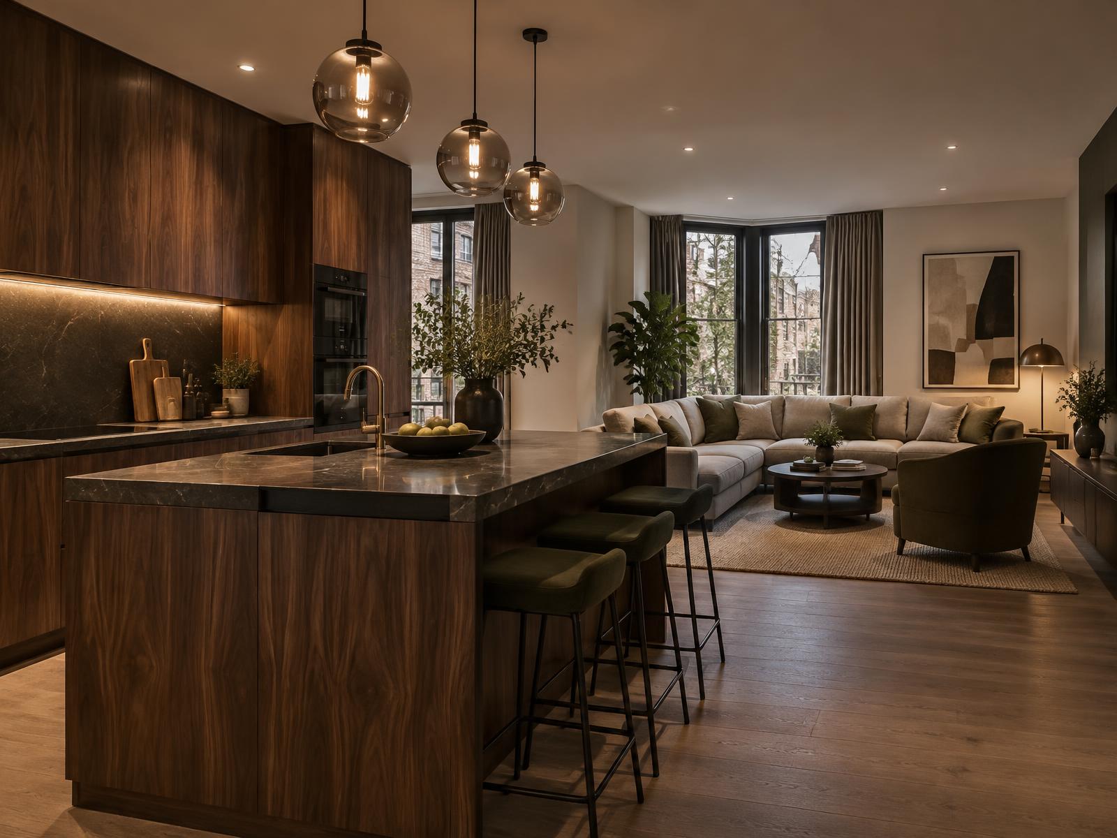 Warm contemporary shared living kitchen and lounge